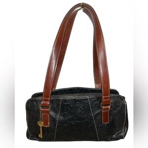 Vintage Fossil Tooled Paisley Leather Satchel